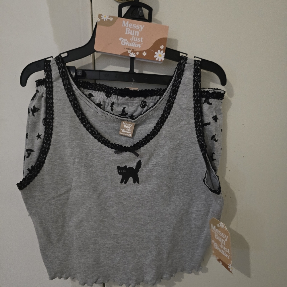 A Set With Black Cat Print Tank Top And Bottoms by Messy Bun